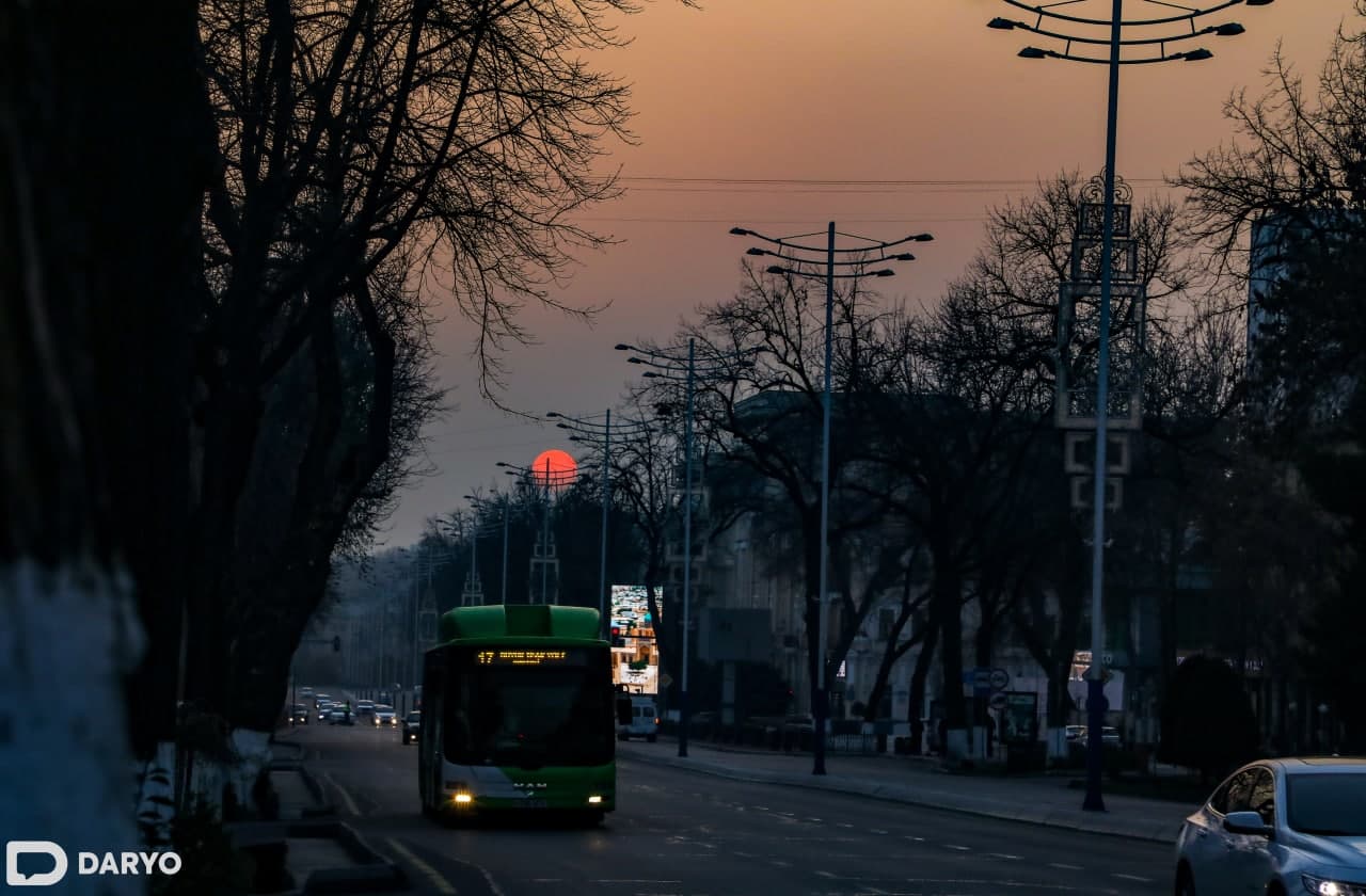 Қуёш алвон тусга кириб ботаётган маҳал Тошкент шаҳрининг Мустақиллик шоҳкўчасида манзили томон кетаётган 17-йўналишдаги автобус.