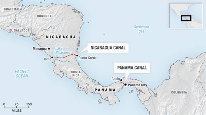 Nikaragua kanali va Panama kanali joylashuvi. Foto: npr.org