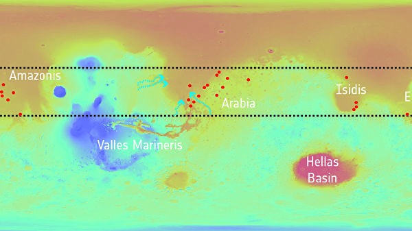 Foto: © NASA / MGS/MOLA; Crater distribution: F. Salese et al (2019)