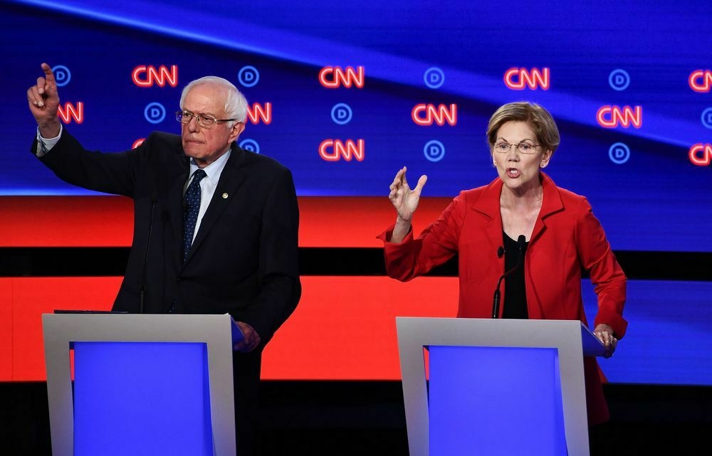 Berni Sanders va Elizabet Uorren demokratlarning Los-Anjelesdagi debatida