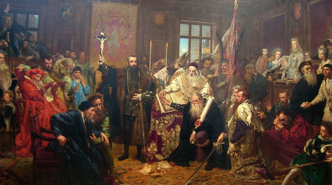 Lyublin uniyasi, 1569-yil. Kartina Yan Mateyko tomonidan uniyaning 300 yilligi sharafiga 1869-yilda chizilgan.