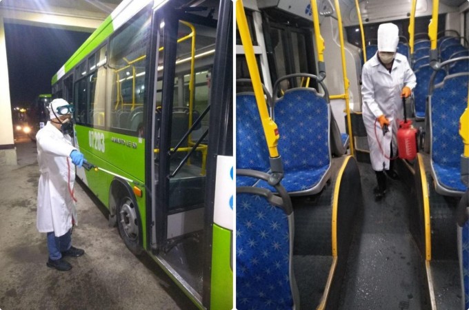 Toshkentdagi avtobuslar yuqumli kasalliklarga qarshi dezinfeksiya qilindi. 2020-yil, 6-fevral.