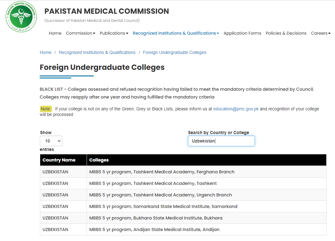 Skrinshot: Pakistan Medical Comission