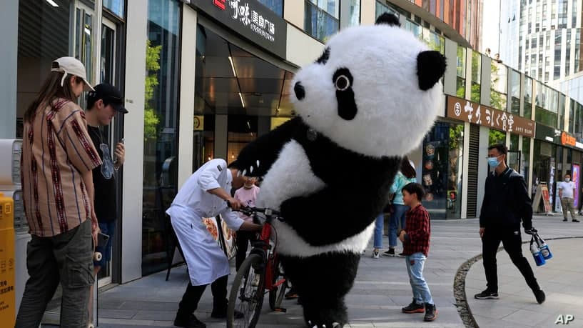 Пекинда панда костюмидаги одам велосипед минишга ҳаракат қилмоқда.