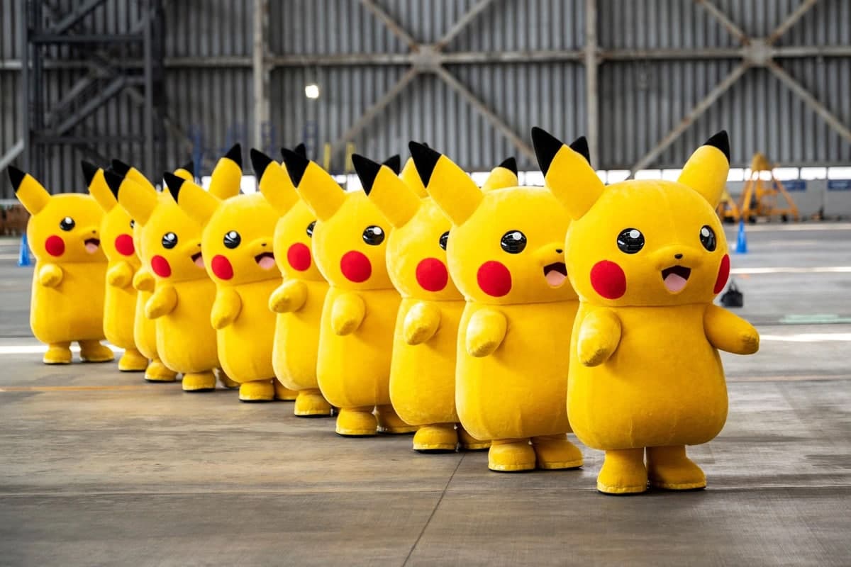 Pikachu maskotlari Tokioning Xaneda xalqaro aeroportida Skymark Airlines aviakompaniyasining Boeing 737-800 samolyotida Pokemon mavzusidagi yangi dizaynlar taqdimoti paytida namoyish qilinmoqda.
