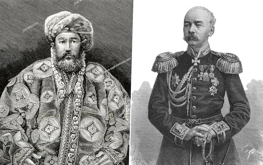 Buxoro amiri Amir Muzaffariddin (chapda) va Turkiston general-gubernatori fon Kaufman