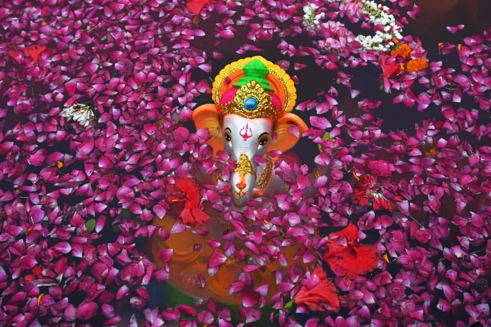 Dehlida o‘tkazilgan Ganesh Chaturi festivali paytida sun’iy suv havzasidagi fil boshli hind xudosi Ganeshaning buti.