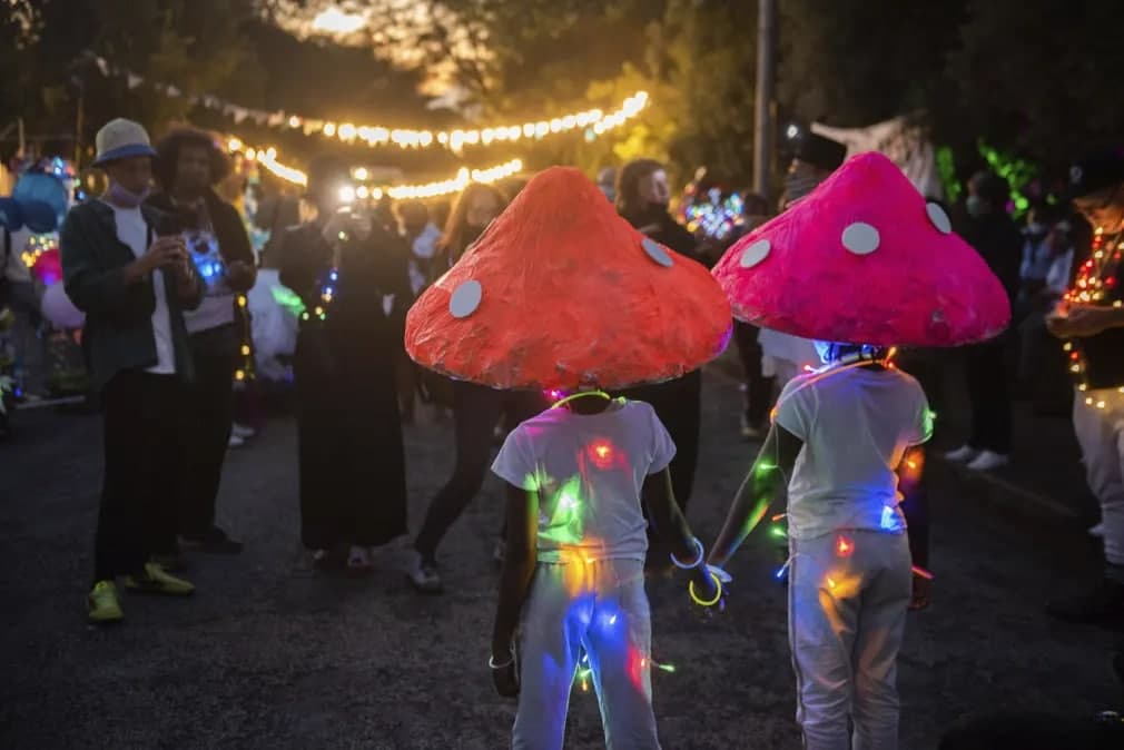 Qo‘ziqorin bosh kiyimlarini kiygan bolalar yorug‘lik festivali paytida Brixton ko‘chalarida parad olayotganda suratga tushishmoqda.