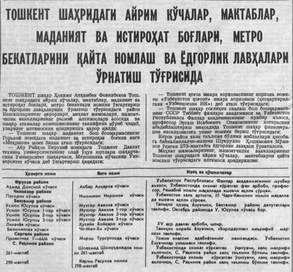 “Toshkent oqshomi” gazetasining 1992-yil 20-aprel sonidan lavha