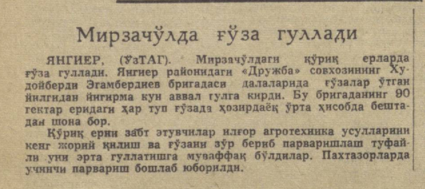 «Қизил Ўзбекистон» газетасининг 1962 йил 23 июнь сонидан лавҳа