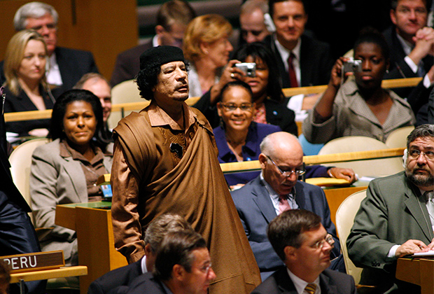Каддафи БМТ Бош Ассамблеяси мажлислар залида, 2009 йил 23 сентябрь.