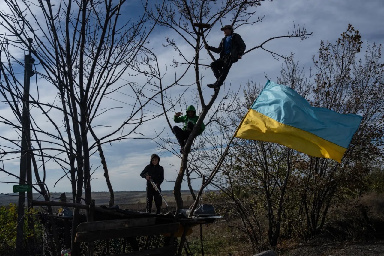 Харьков вилояти, Дубовое қишлоғида болалар Украина байроғи ўрнатилган дарахтда ўйнамоқда.