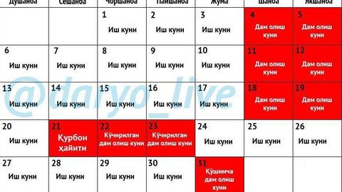 31 августдан Ўзбекистонда 5 кунлик дам олиш кунлари бошланади