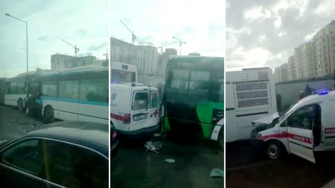 Nur-Sultonda uchta avtobus va tez yordam mashinasi ishtirokida YTH sodir bo‘ldi (video)