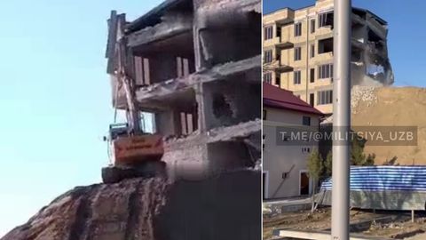 Жиззахда қулаган олти қаватли бинонинг омон қолган қисмини бузиш бошланди (видео)