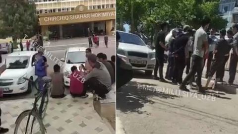 Chirchiqda ish haqlari to‘lanmagan ishchilar hokimlik binosi oldiga namoyishga chiqdi