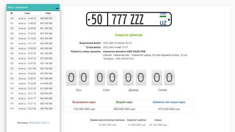 Onlayn auksionda&nbsp;50&nbsp;777 ZZZ avtomobil raqami 669,6 mln so&lsquo;mga sotildi