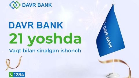 Bugun XATB “Davr Bank” Toshkent shahrida tashkil etilganiga va o‘z faoliyatini boshlaganining 21 yilligi nishonlanmoqda