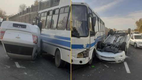 Samarqandda 2 ta yengil avtomobil avtobus bilan to‘qnashdi (video)