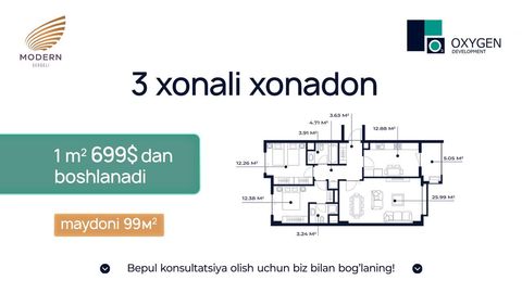 3 xonali xonadonlar 1 kv metri 699 dollardan boshlab!