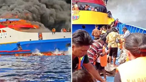 Indoneziyada 280 kishi bo&lsquo;lgan kemada yong&lsquo;in: odamlar dengizga sakramoqda (video)