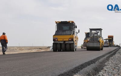 Kazakh road builders construct 50% of Kuryk-Zhetybay highway which connects Uzbekistan and Russia