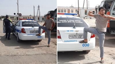 В Сурхандарье мужчина демонстративно поставил ногу на бампер автомобиля ДПС (видео)