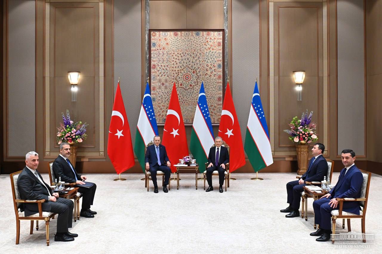 President Shavkat Mirziyoyev of Uzbekistan and President Recep Tayyip Erdogan of Turkey at the 16th summit of the Economic Cooperation Organization, 