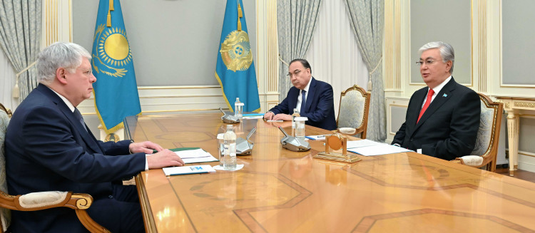 President Kassym-Jomart Tokayev with the Russian Ambassador to Kazakhstan, Alexey Borodavkin,
