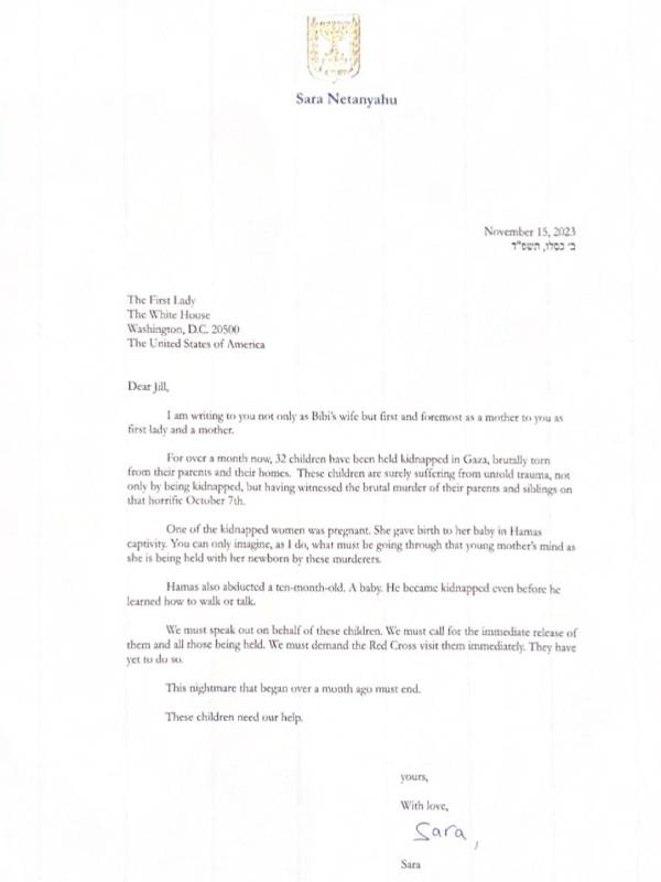 letter addressed to the White House and First Lady Jill Biden, Sara Netanyahu,