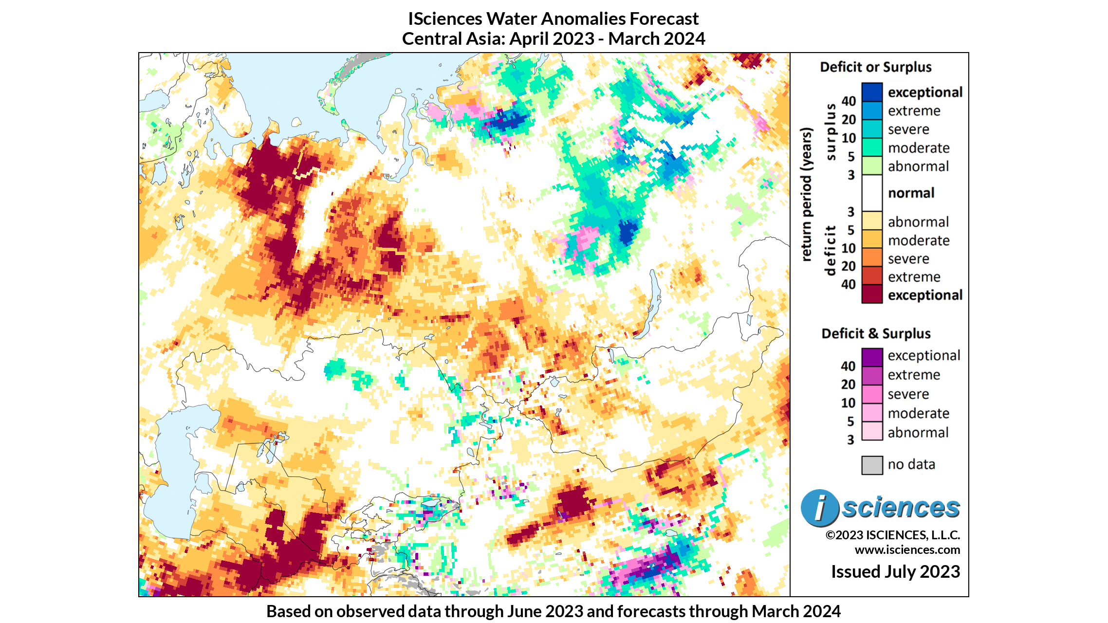 Photo: map showing the forecasted water deficits for Uzbekistan and Western Russia