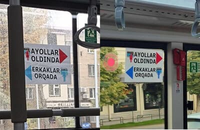 Toshkentdagi avtobusga ayollar va erkaklar joyi ajratilganini targ‘ib qiluvchi qog‘oz yopishtirildi