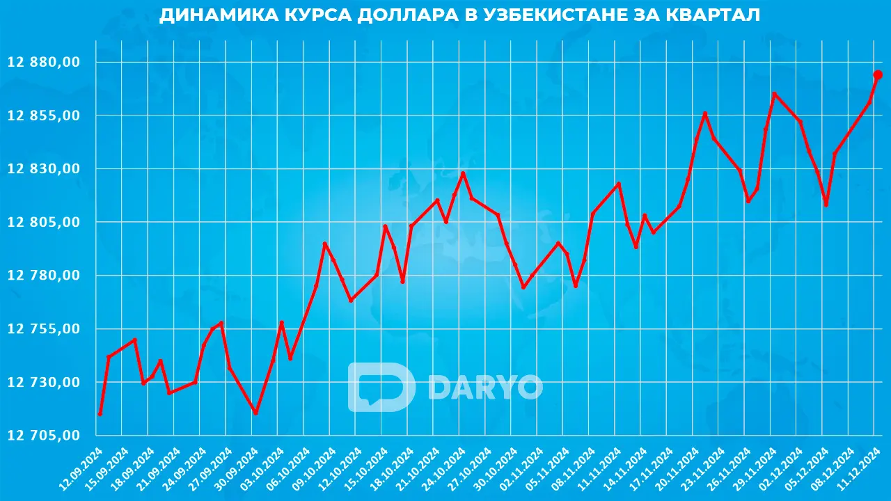 Динамика курс доллара в Узбекистане с 12 сентября по 11 декабря 2024 года