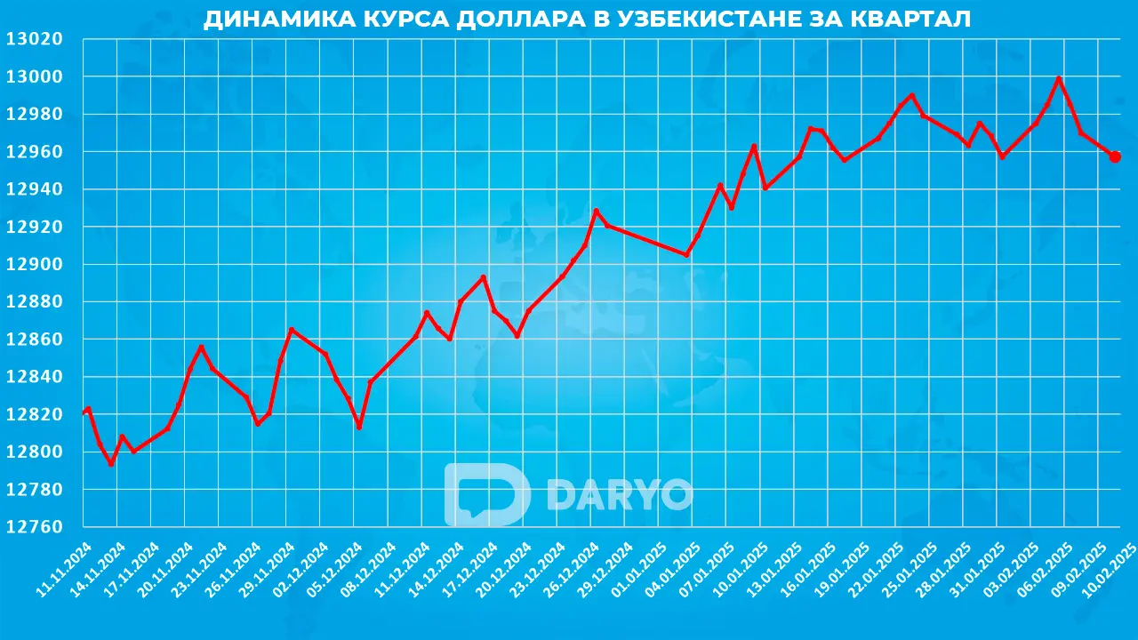 Динамика курс доллара в Узбекистане с 11 ноября 2024 по 10 февраля 2025 года