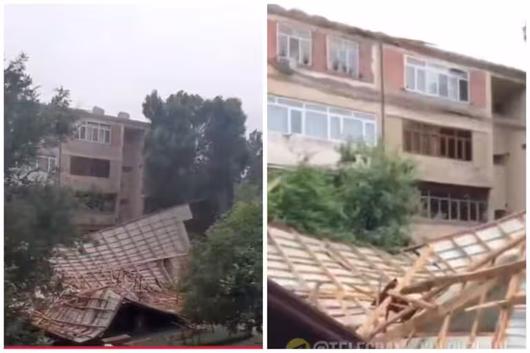 Bo‘stonliqda kuchli shamol oqibatida “dom”lardan birining tomi uchib ketdi (video)